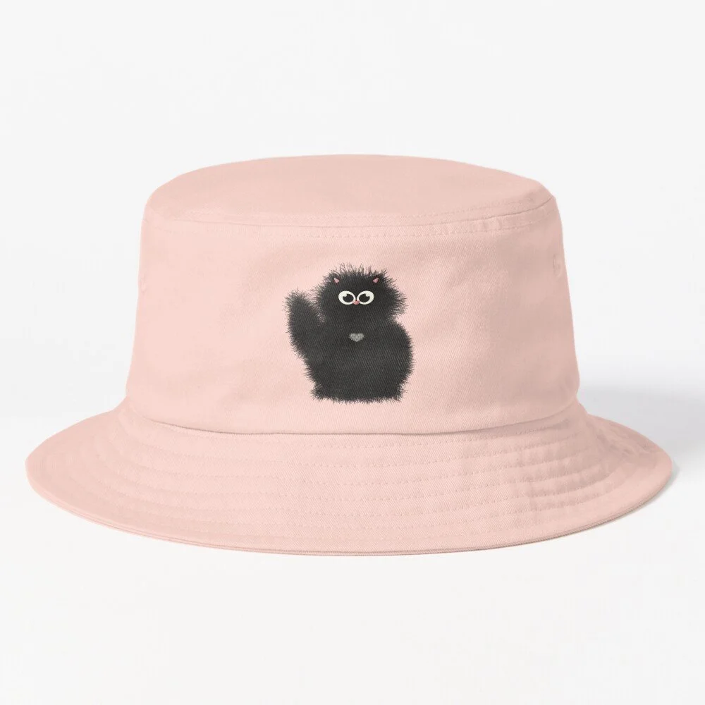 Pink bucket hat with a fluffy black cartoon cat with large white eyes printed on the front.