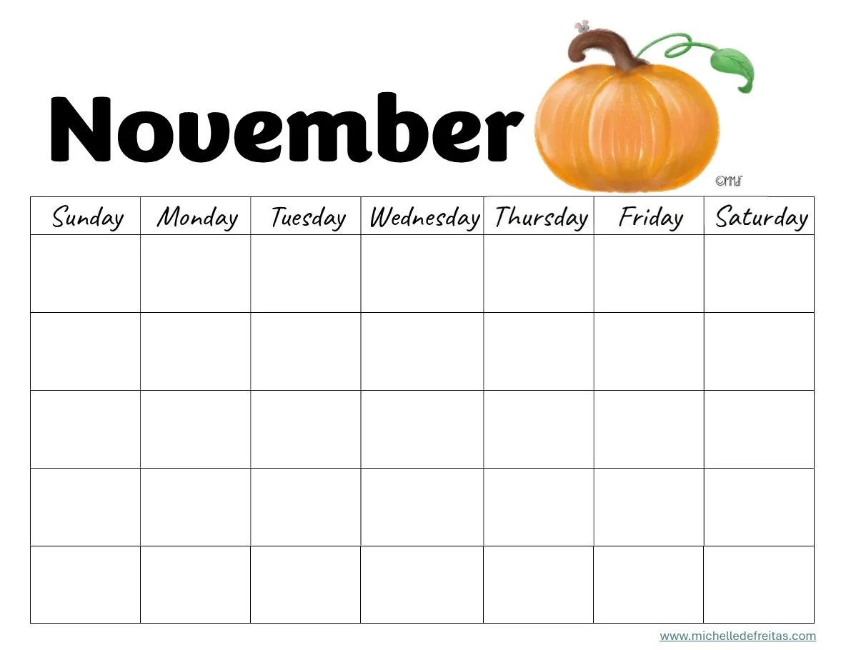 Blank November monthly calendar with Sunday–Saturday columns and an orange pumpkin illustration