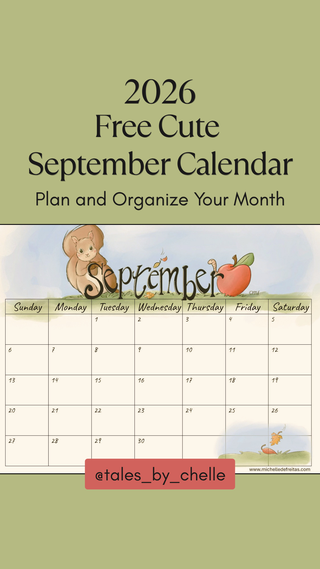 pinterest pin with green background featuring a september calendar with a squirrel and apple