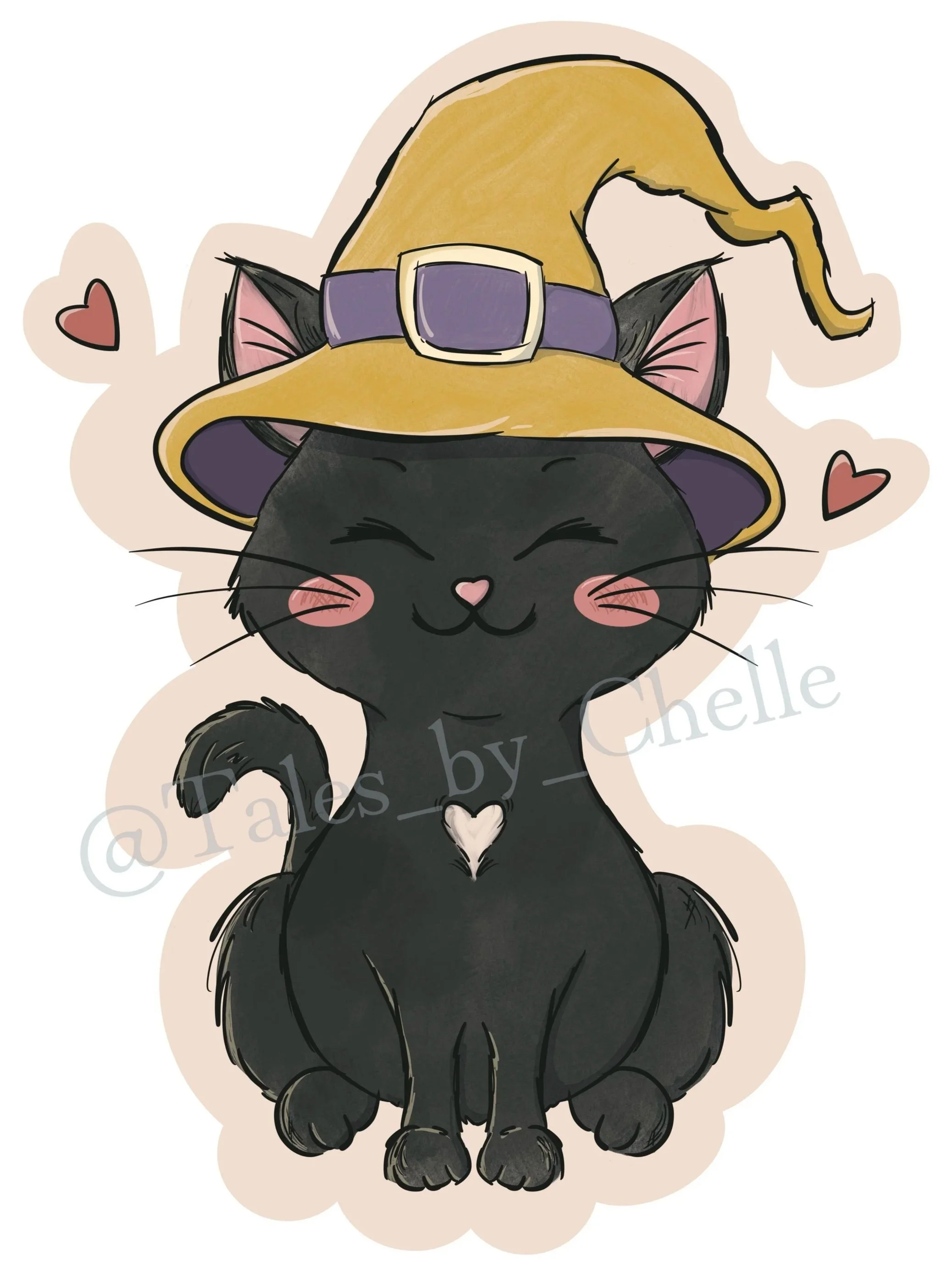 cute black cat in witch's hat with hearts