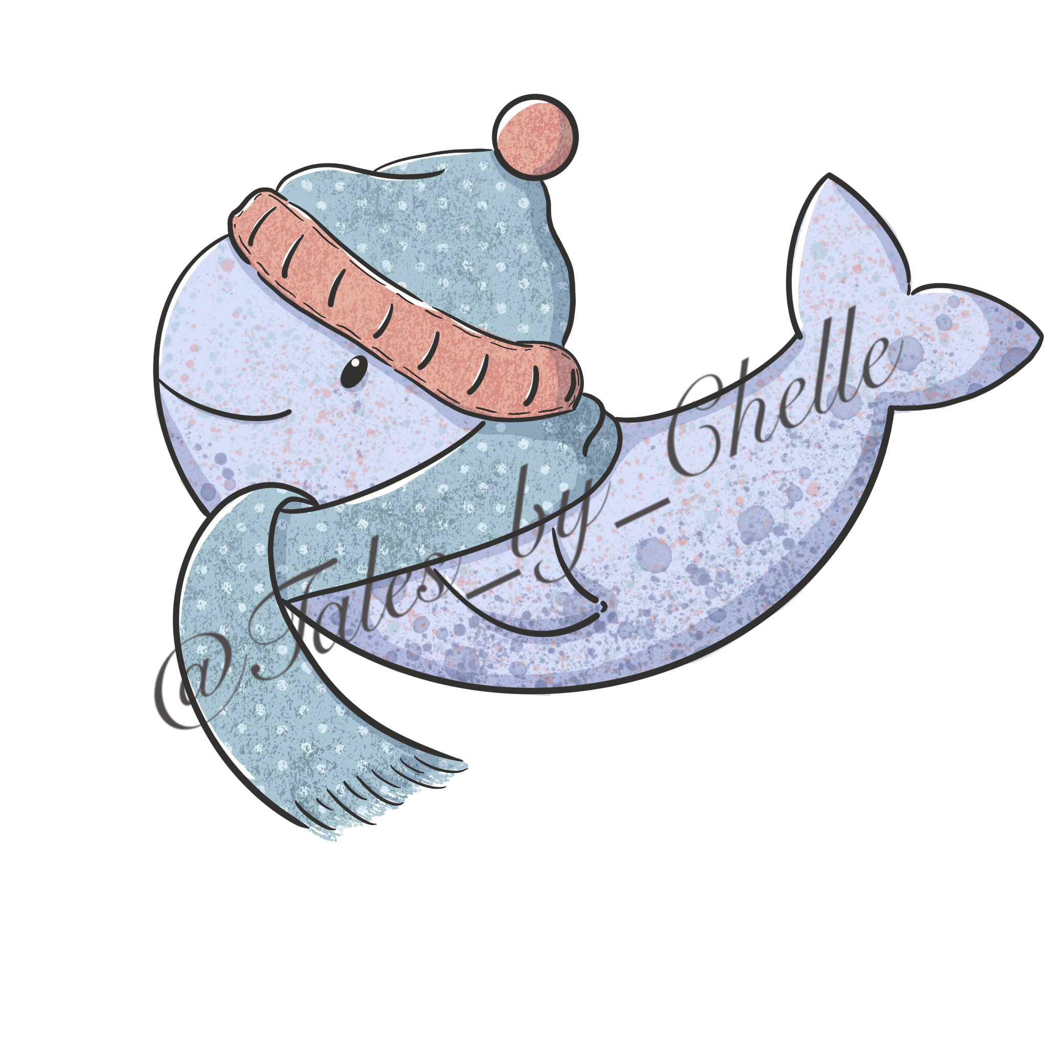 Cute illustration of a whale wearing a winter hat and scarf.