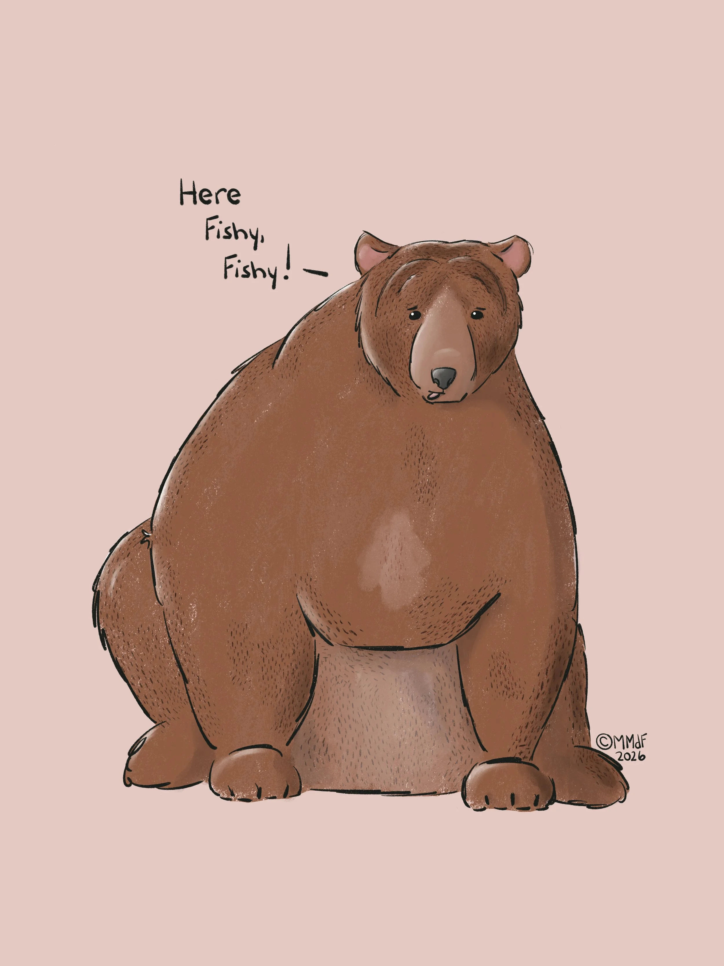 fat brown bear sitting and calling to fish to come to him
