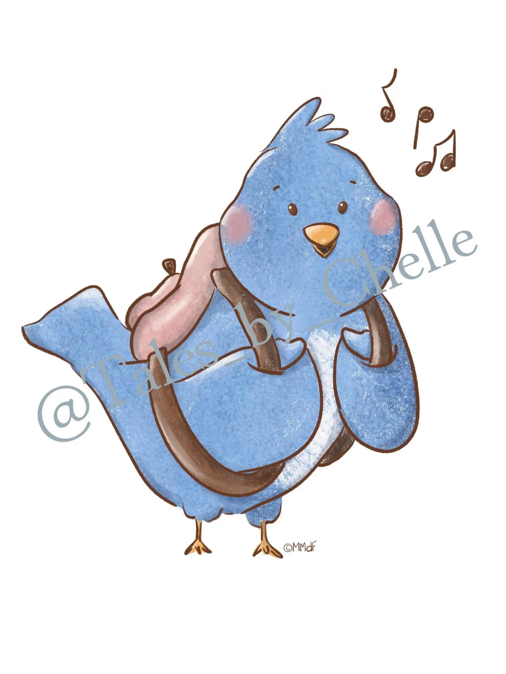 A cute watercolor illustration of a blue bird with a backpack, standing on two legs, singing with musical notes around its head.