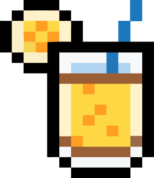 Pixelated image of a glass of beer with a lemon slice and a blue straw.