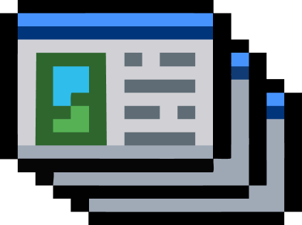 Multiple overlapping web browser windows with text and a folder icon displayed.