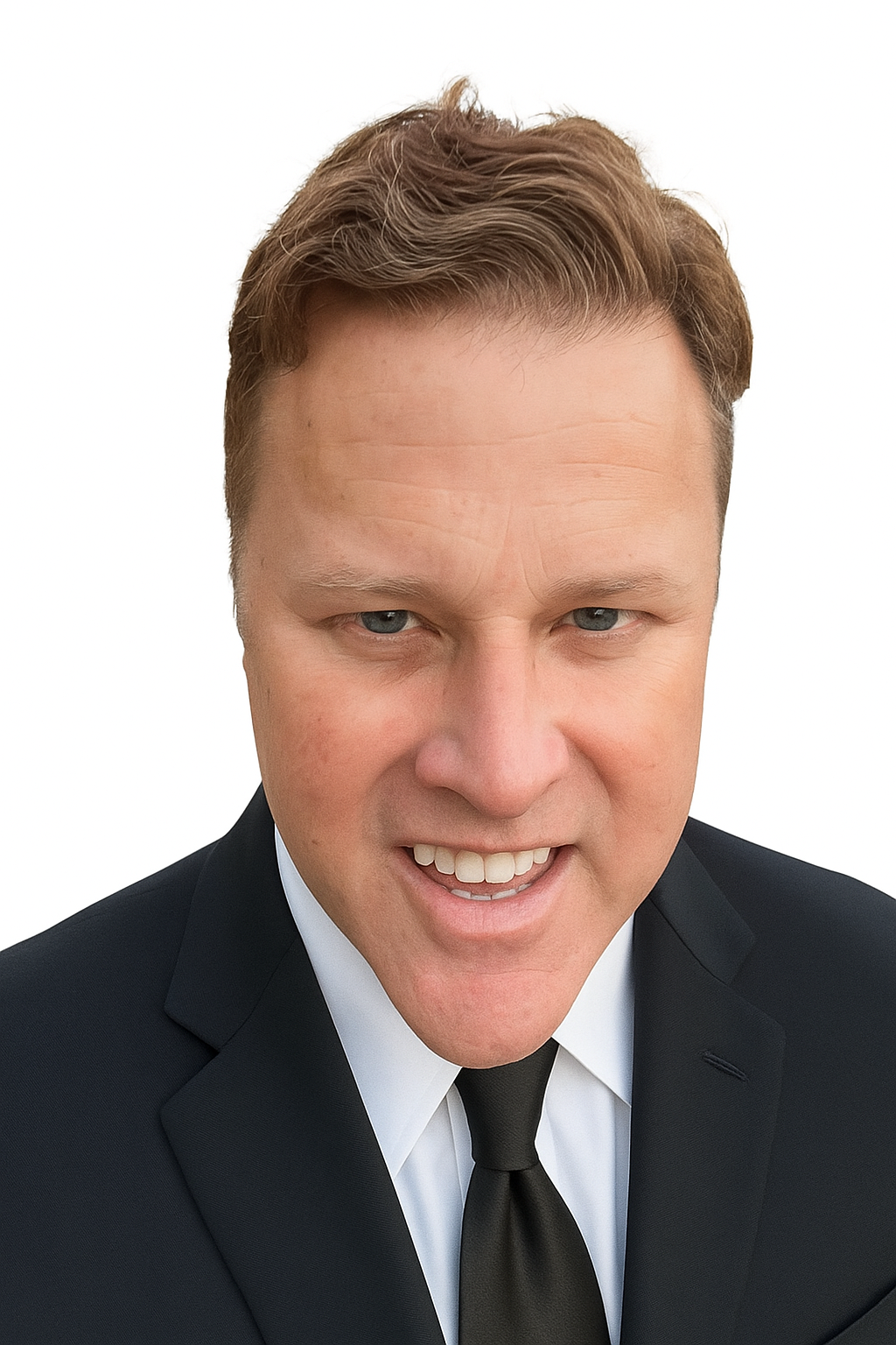 A portrait of a smiling man with light brown hair, wearing a black suit, white shirt, and black tie, against a white background.