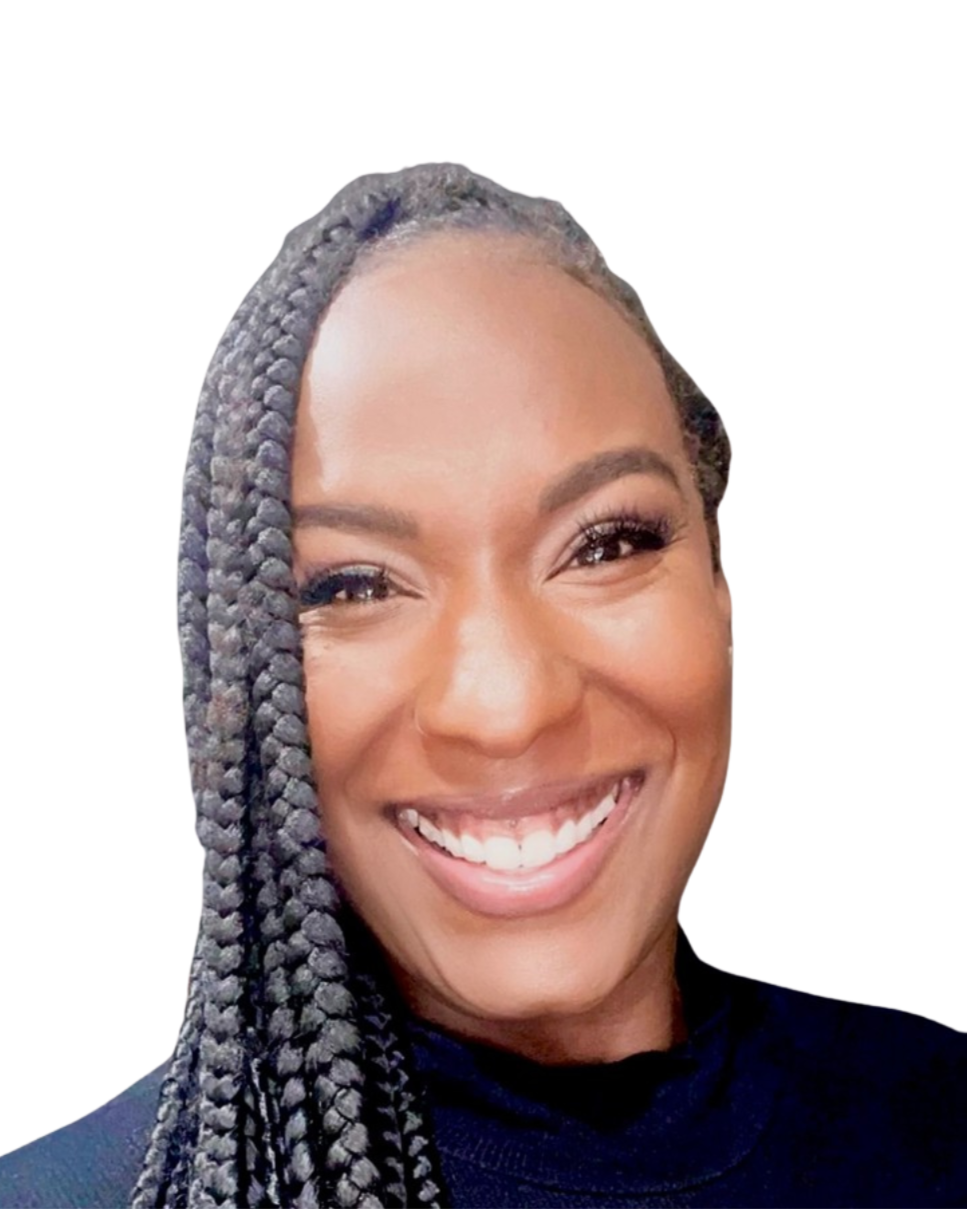 Close-up of a smiling woman with braided hair and natural makeup against a white background.