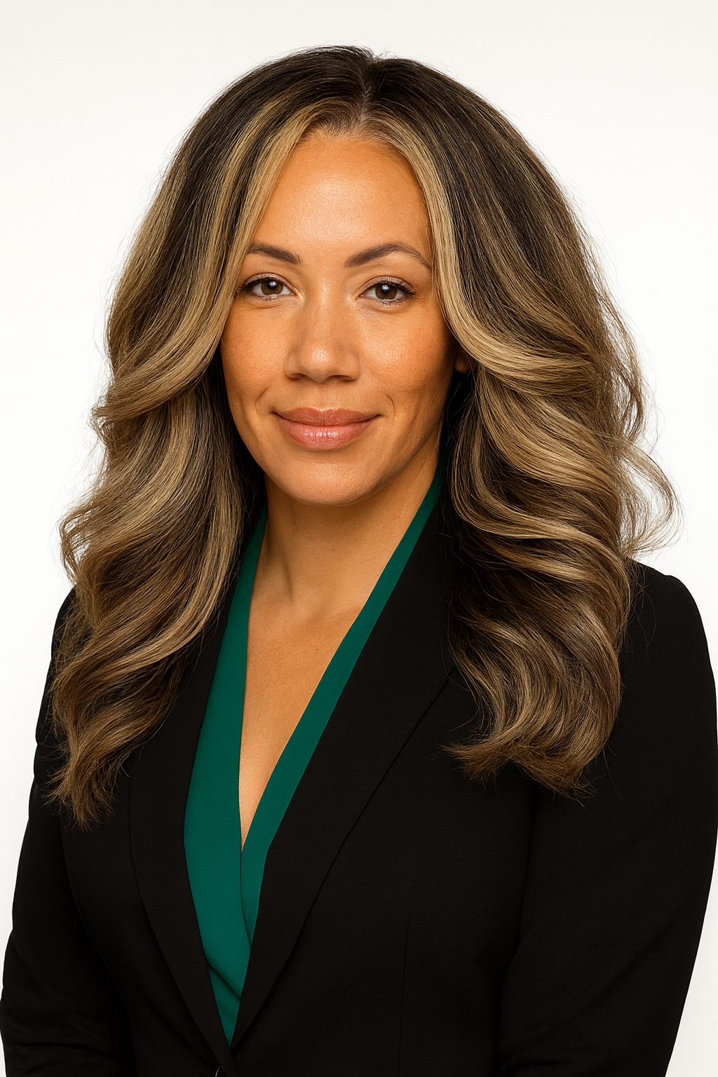 A woman with long, wavy hair styled with highlights, wearing a black blazer over a dark green top, smiling softly against a plain white background.