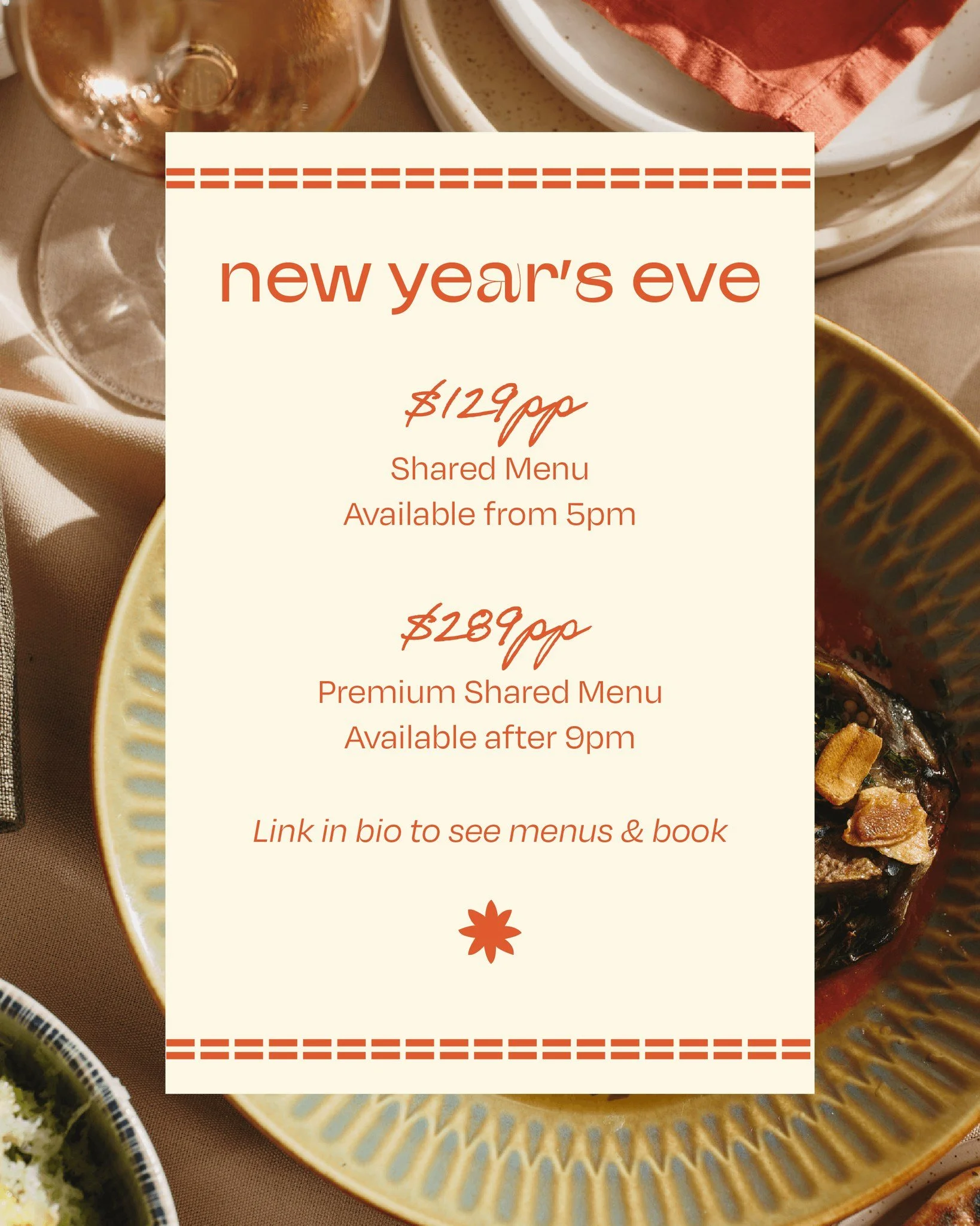 New Year&rsquo;s Eve at Etheus &mdash; a night shaped by fire, flavour and the Bondi breeze.

Settle in for a long, sun-kissed dinner by the sea, with two shared menus to choose from &mdash; our $129 menu from 5pm, or the $289 premium sitting after 9