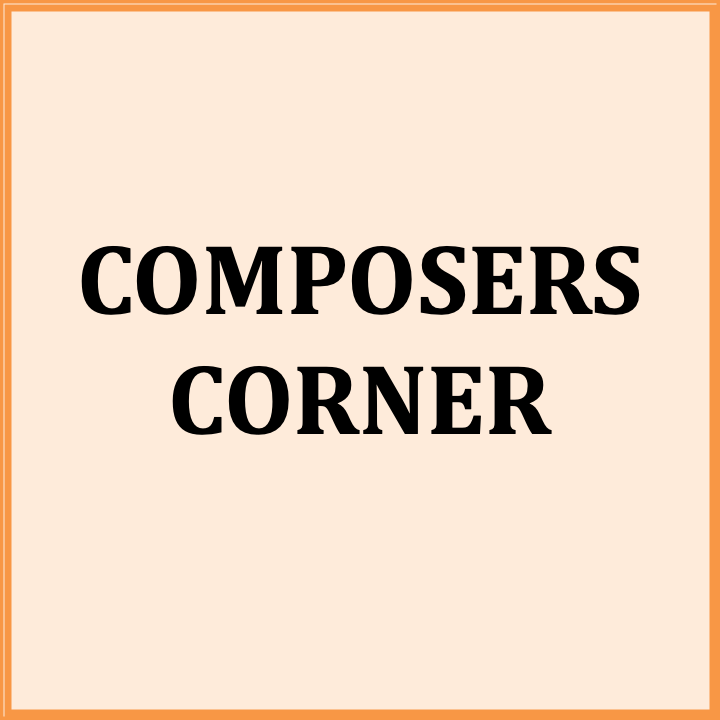 Sign that reads 'Composers Corner' with a beige background and orange border.