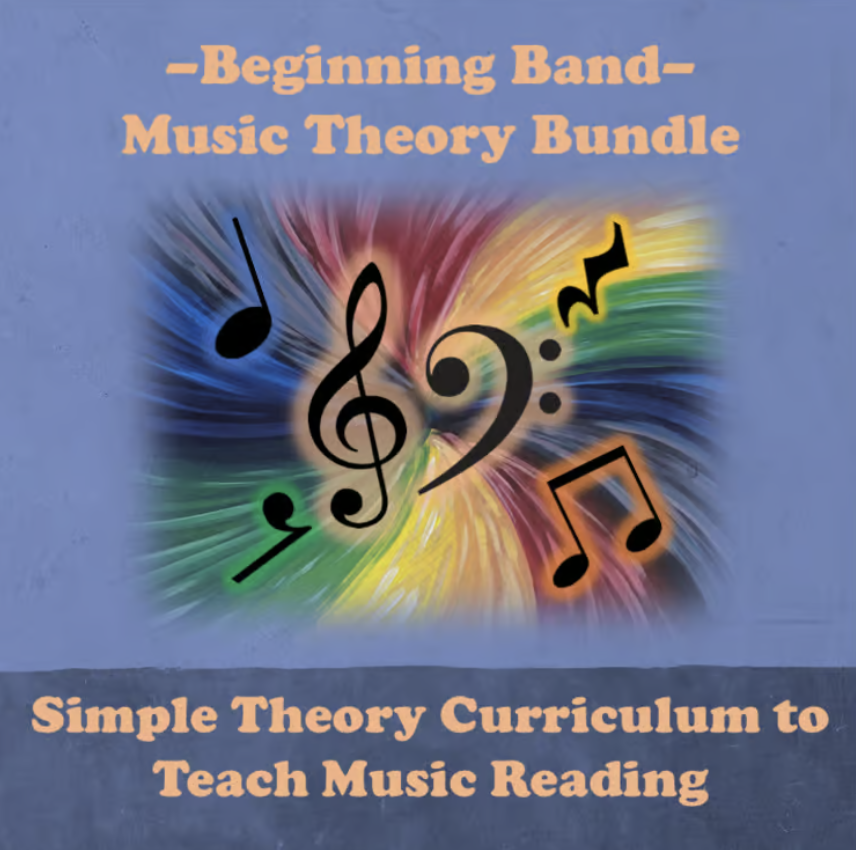 A book cover titled "Beginning Band Music Theory Bundle" with a subtitle "Simple Theory Curriculum to Teach Music Reading." The background features colorful, abstract swirls with multiple musical notes and symbols, including a treble clef, bass clef, and various notes, set against a blue backdrop.
