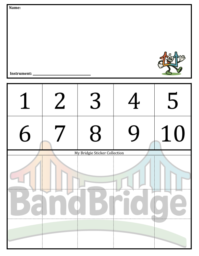 A worksheet with a blank space for a name and instrument, a colorful cartoon character waving, numbered boxes from 1 to 10, and a graphic of a bridge with the words "Band Bridge" below it.