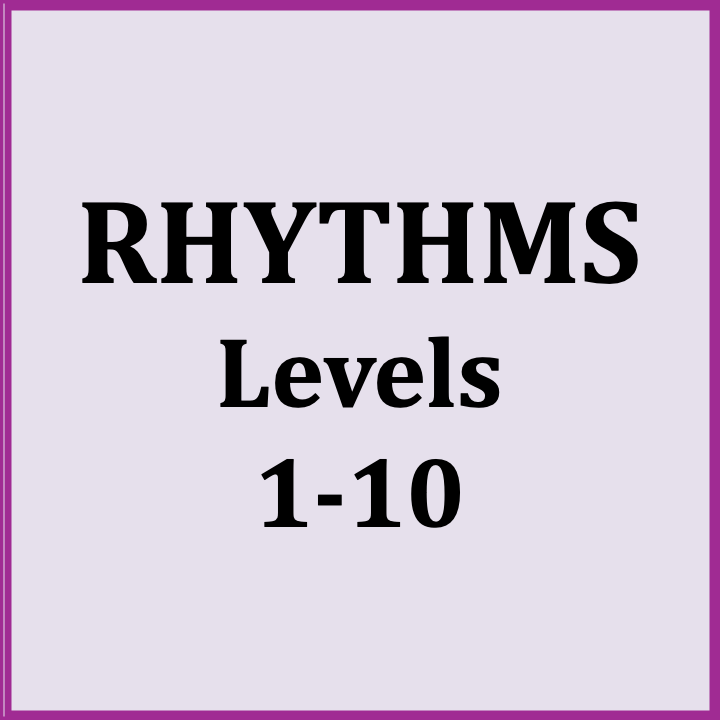 Cover image with a purple border and light purple background, displaying the text 'RHYTHMS Levels 1-10' in bold black font.