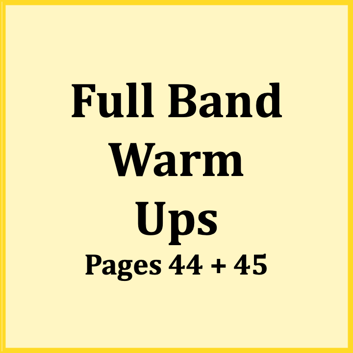 Book cover titled "Full Band Warm Ups" with pages 44 and 45 mentioned.