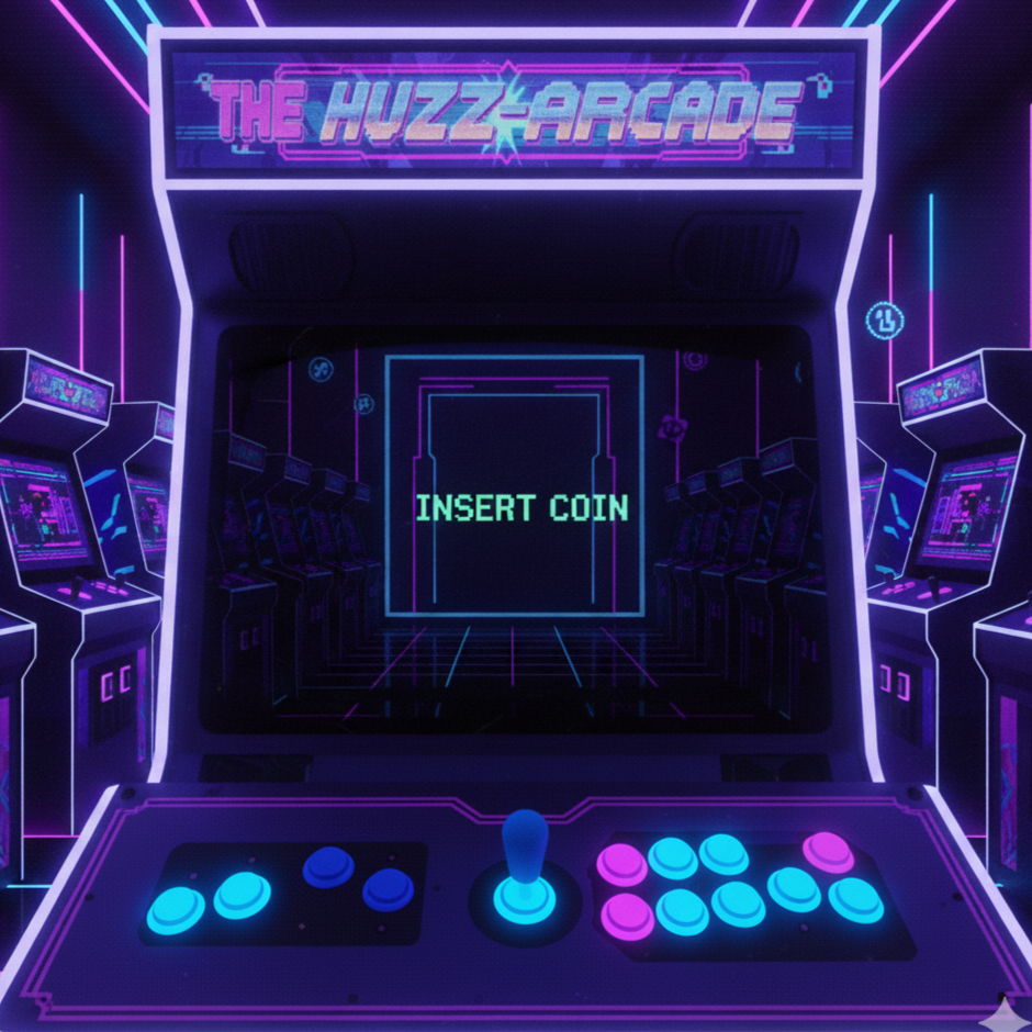 A neon-lit arcade with a sign reading 'The Huzz Arcade' at the top, featuring multiple retro arcade game machines. A central screen displays 'INSERT COIN.' The arcade has colorful lighting with purple, blue, and pink hues, creating a nostalgic, cyberpunk atmosphere.