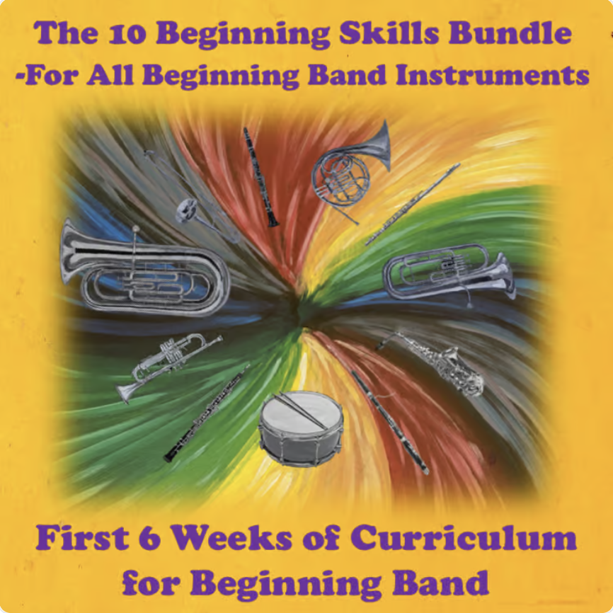 Cover of a music instruction book titled 'The 10 Beginning Skills Bundle - For All Beginning Band Instruments' with a colorful background and images of various musical instruments like a tuba, trumpet, flute, and drums.