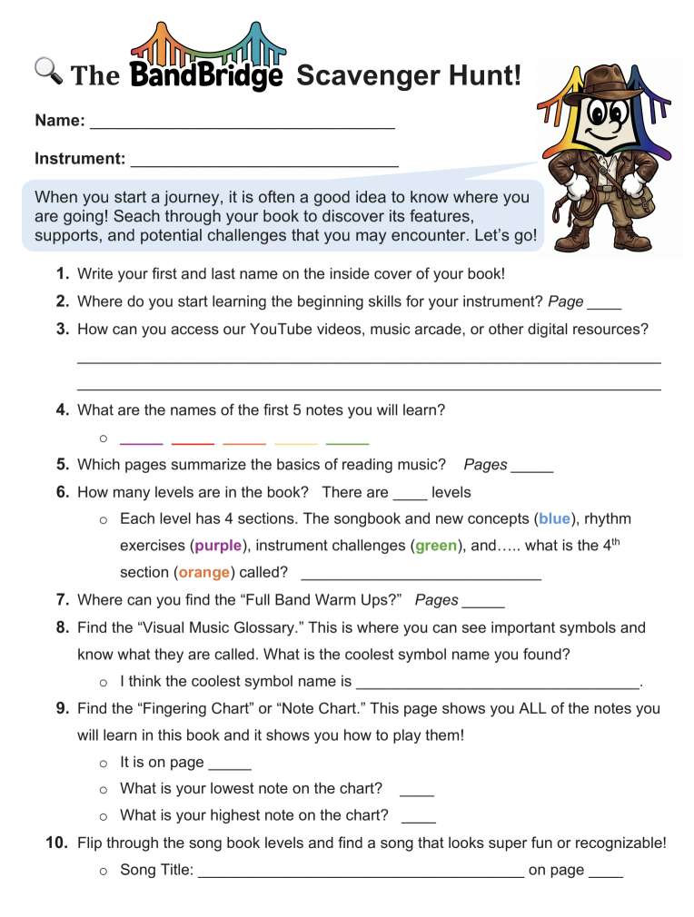 A printable scavenger hunt sheet titled "The BandBridge Scavenger Hunt!" with a colorful mountain bridge logo and a cartoon character dressed as Indiana Jones. The sheet includes instructions and questions to explore a music book and online resources, with spaces to fill in answers.
