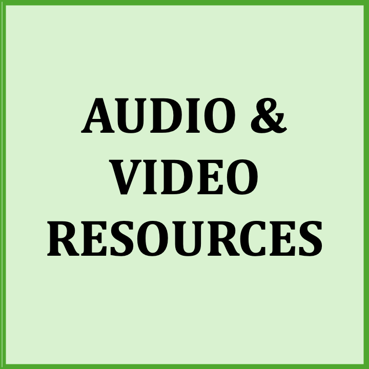 Green background with the text 'Audio & Video Resources' in bold black letters.