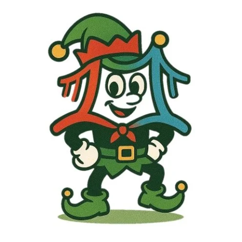 Cartoon elf Bridgie with a mischievous smile, dressed in green and red, wearing a jester hat and elf shoes.