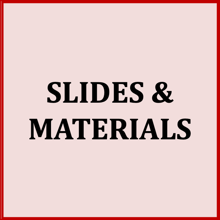 Slide title: 'Slides & Materials' on a pink background with red border.