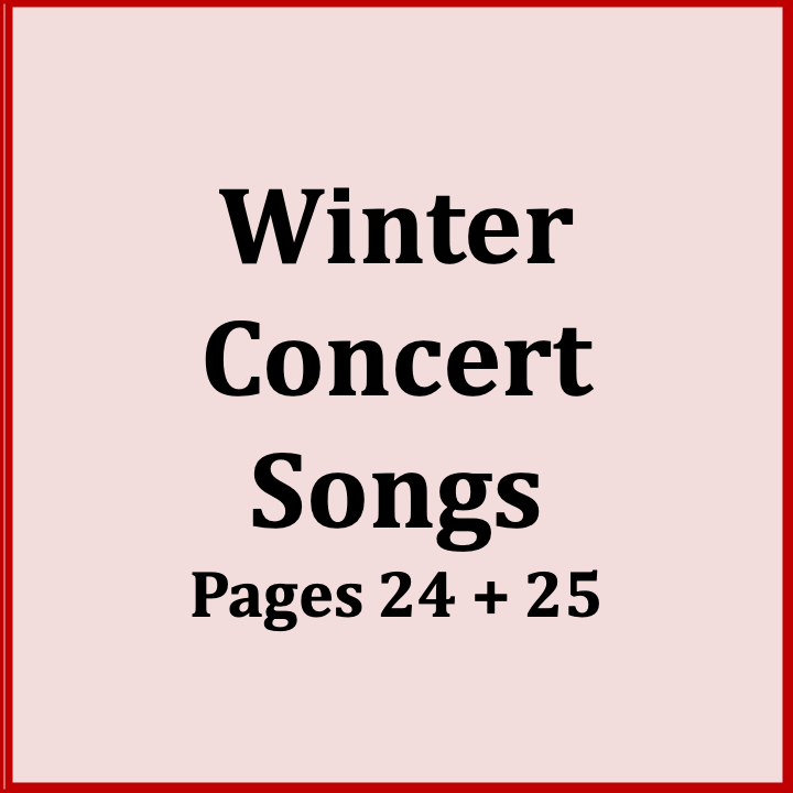 A printed cover page for a book or booklet titled "Winter Concert Songs" with pages 24 and 25, featuring a red border and a light pink background.