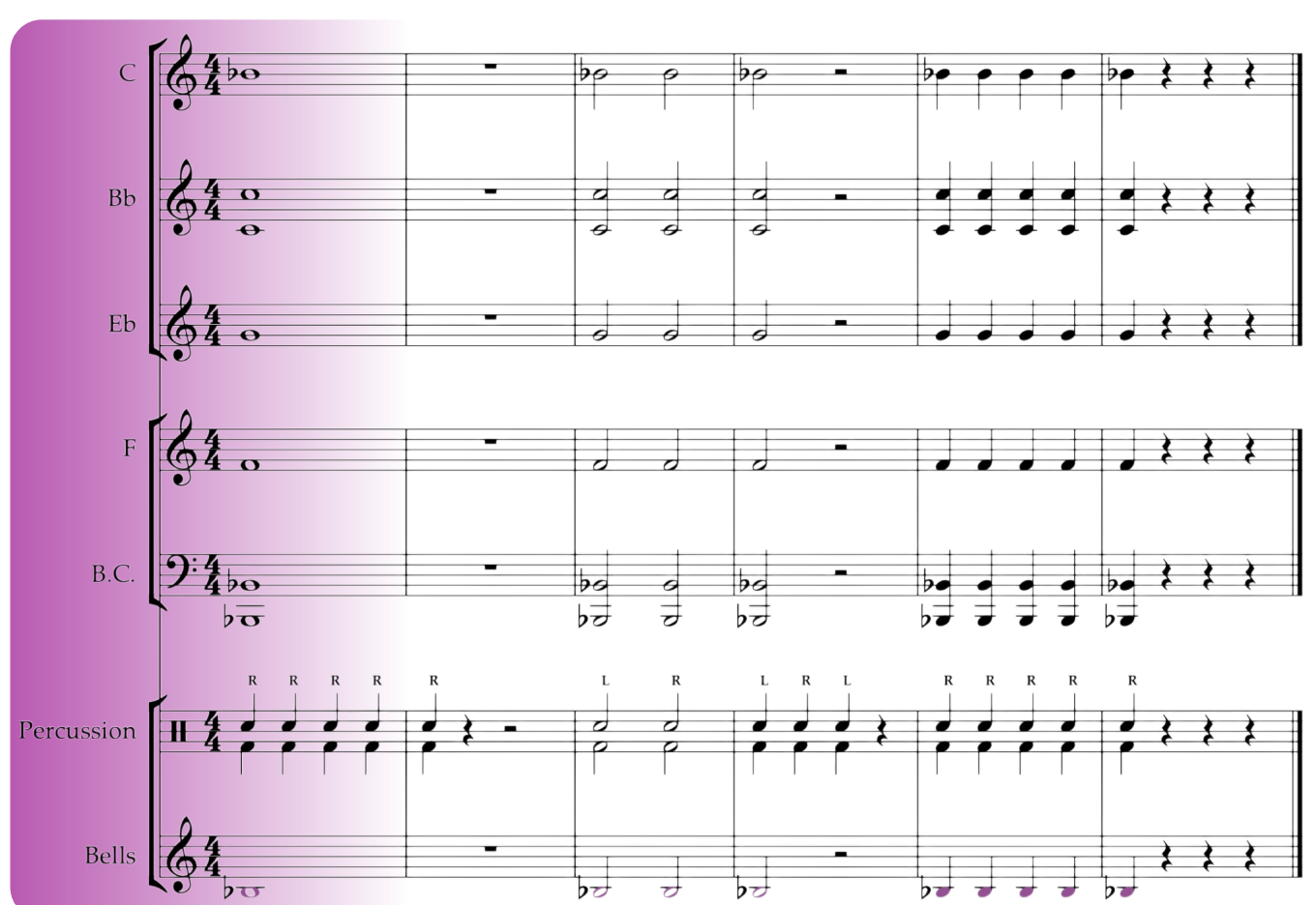 Sheet music with purple background on the left, showing musical notes and notations for multiple instruments, including percussion and bells.