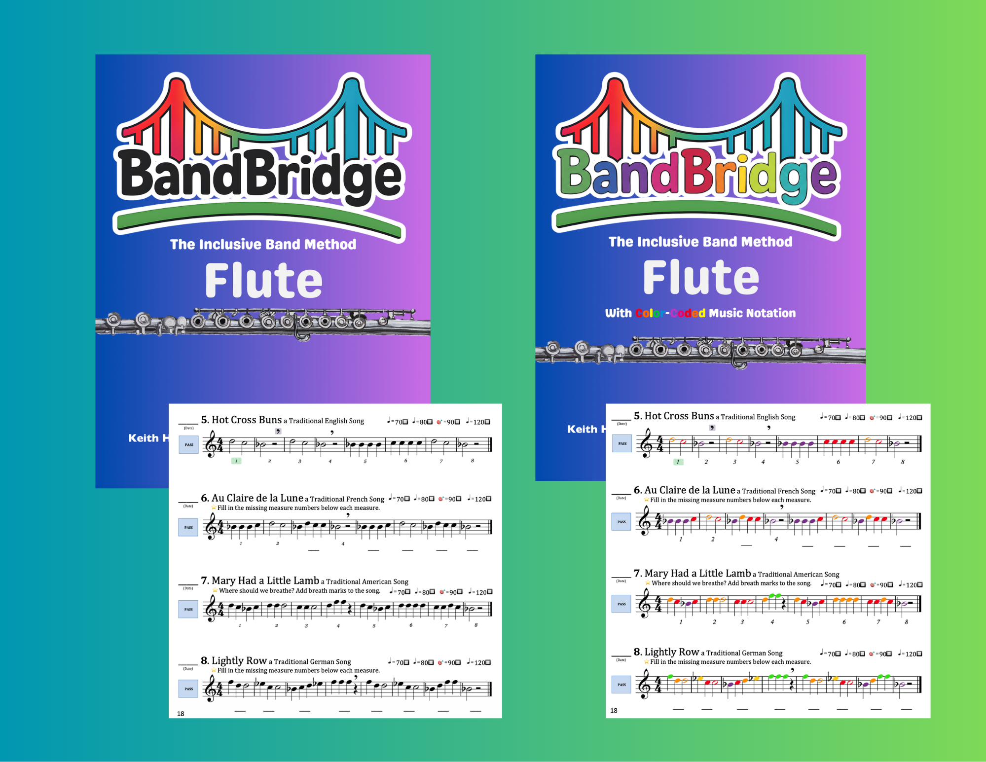 Cover page of a music book titled 'BandBridge' showing the two book options of traditional music notation and color-coded music notation.