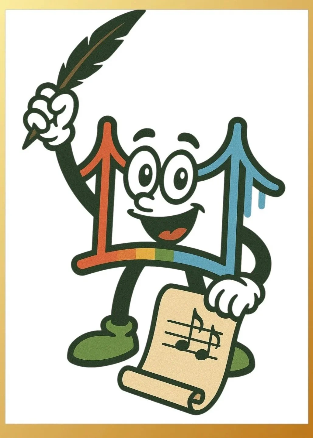A cartoon character with a rainbow-colored outline of the number one. It has a smiling face with large eyes, eyebrows, and a mouth. The character is holding a quill pen in one hand and a scroll with musical notes in the other. The character's body resembles a dancing number one with arrows pointing upward on each side, one red and the other blue.