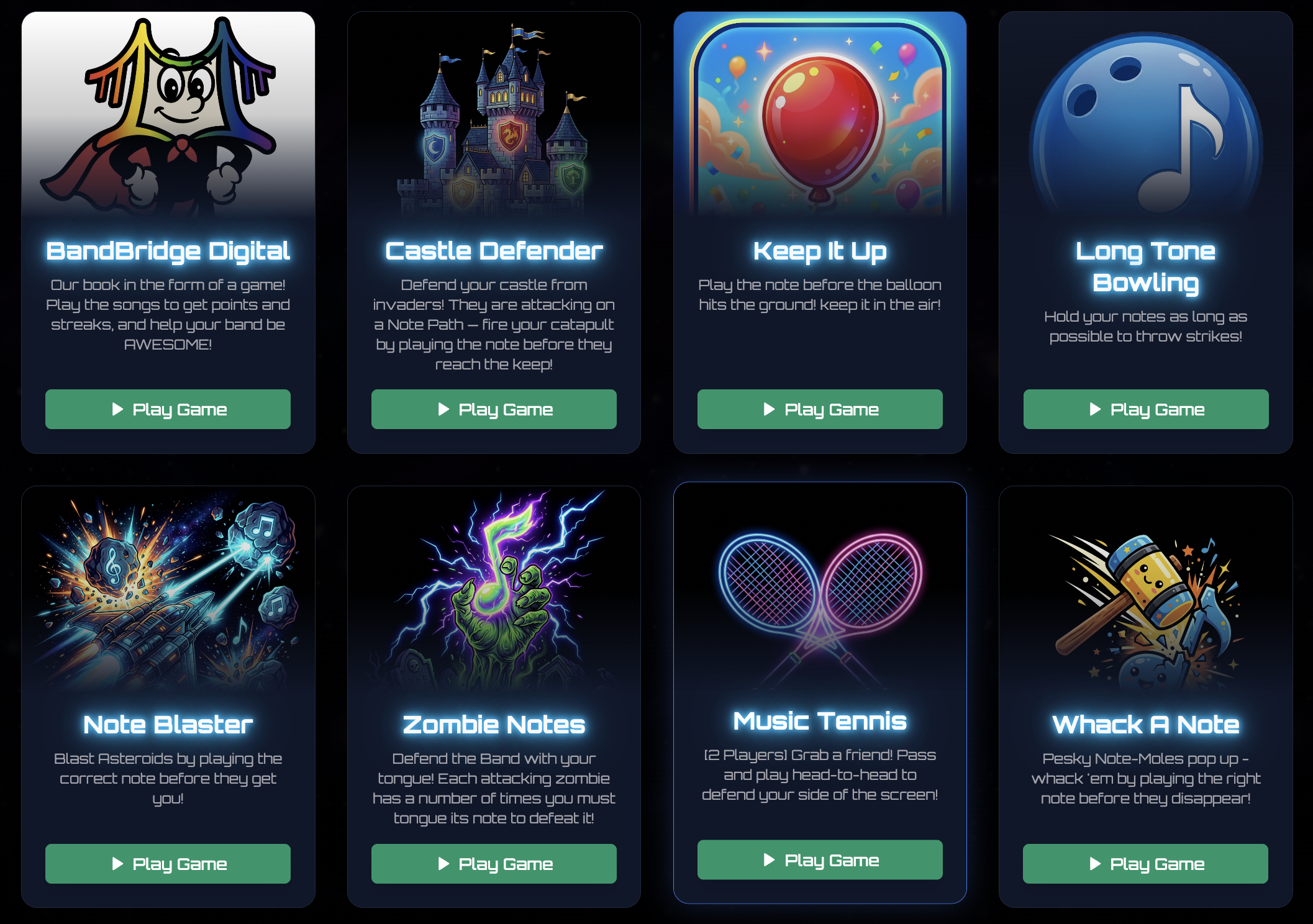 Screen capture of a digital app or game menu featuring colorful game icons and descriptions with a dark space-themed background.