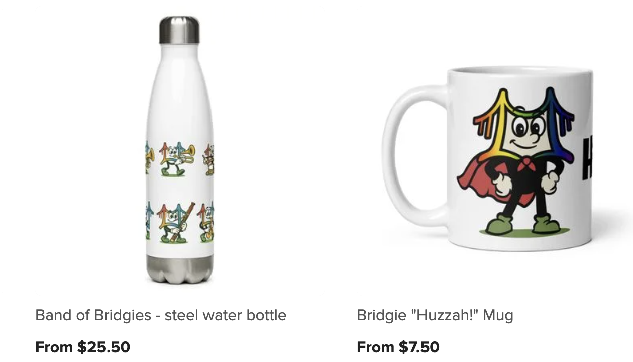 A steel water bottle and a coffee mug, both with Band of Bridgies character illustrations. The water bottle has a repeating pattern of the character, while the mug features a larger image of the character in a superhero costume.