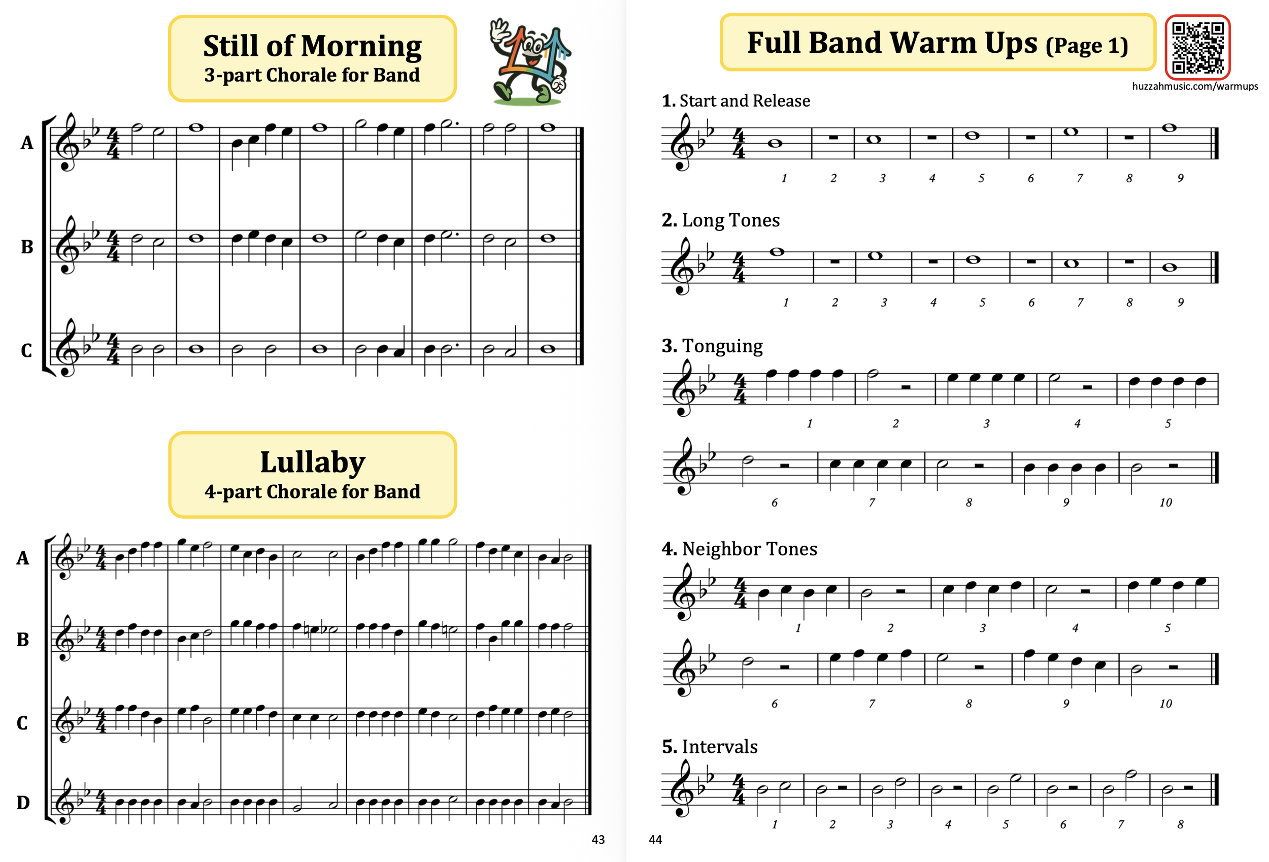 Sheet music for band warm-up exercises, including 'Still of Morning,' 'Lullaby,' 'Full Band Warm Ups,' with sections labeled A to E and musical notes and instructions.