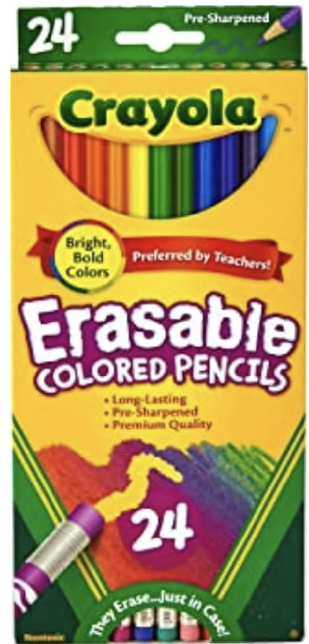 A box of Crayola Erasable Colored Pencils containing 24 pre-sharpened pencils in bright, bold colors, designed for long-lasting use and preferred by teachers.