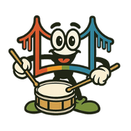 Bridgie playing drums. A cartoon character with glasses playing a snare drum with drumsticks, smiling, in front of a colorful background with strings.