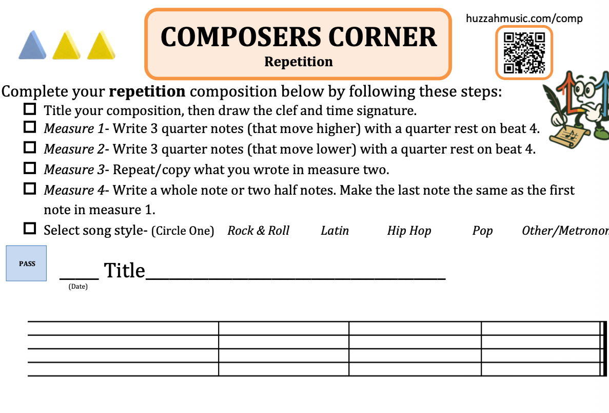 A music practice worksheet titled 'Composers Corner Repetition' with instructions for creating a repetition composition. The worksheet includes checkboxes for steps such as titling the composition, writing quarter notes that move higher and lower, repeating measures, and selecting a song style. There is a designated space for the title, date, and musical notation lines. A QR code and a cartoon character holding a pencil are present in the top right corner.