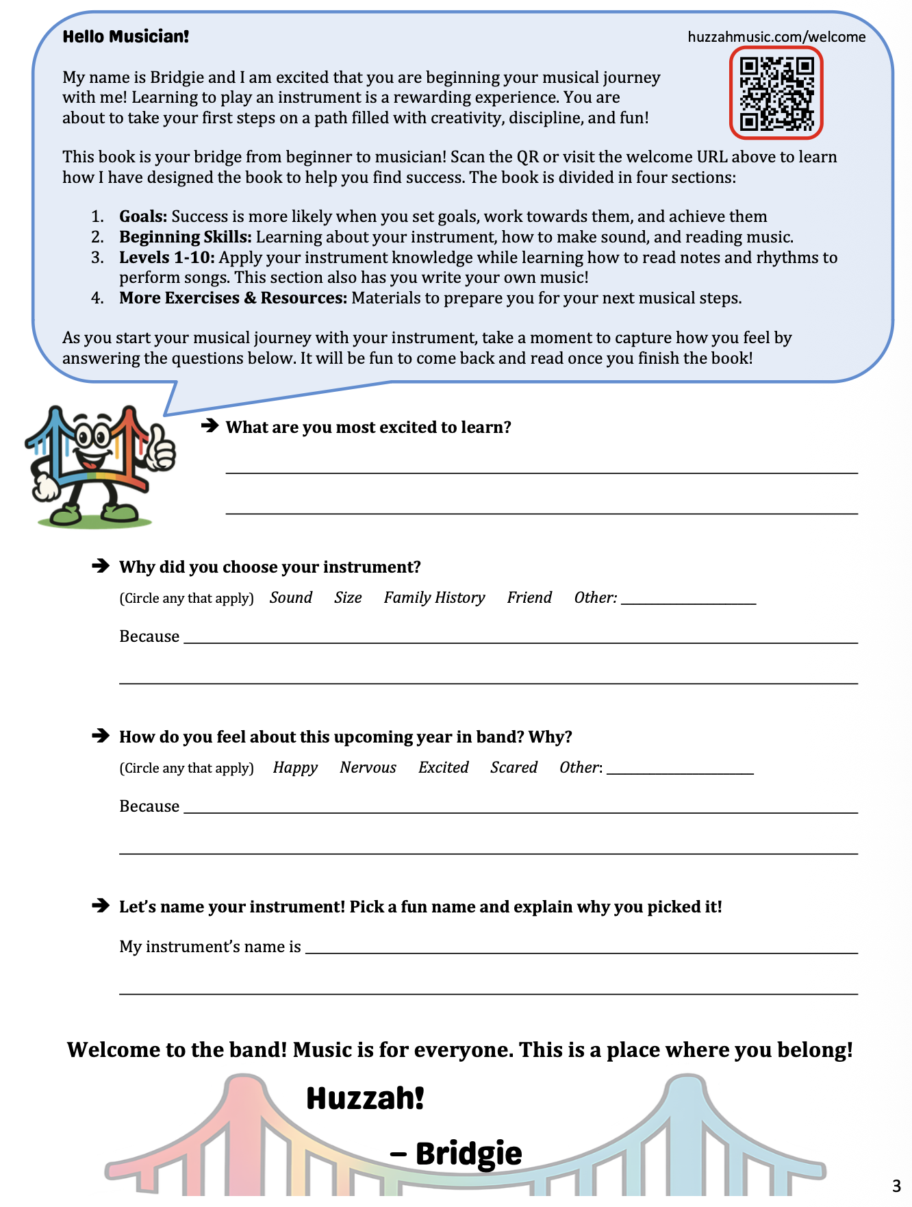 A colorful educational music booklet with text inviting children to begin their musical journey, including sections for goals, skills, levels, exercises, and instrument naming. It features a cheerful animated character with glasses, a thumbs-up, and musical notes at the bottom.