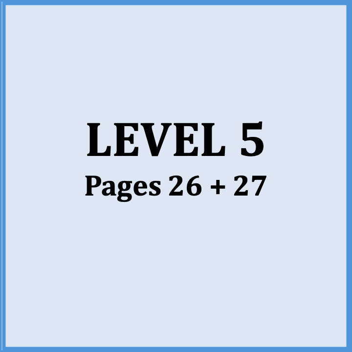 Text on a light blue background reading 'Level 5, Pages 26 + 27' with a darker blue border.