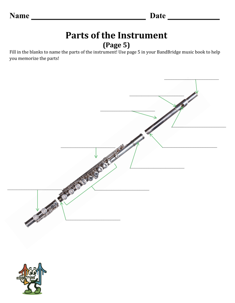 A worksheet titled 'Parts of the Instrument' shows a picture of a flute with labeled parts, and space to fill in the blanks for each part. There is a cartoon character in the bottom left corner, and fields for name and date at the top.
