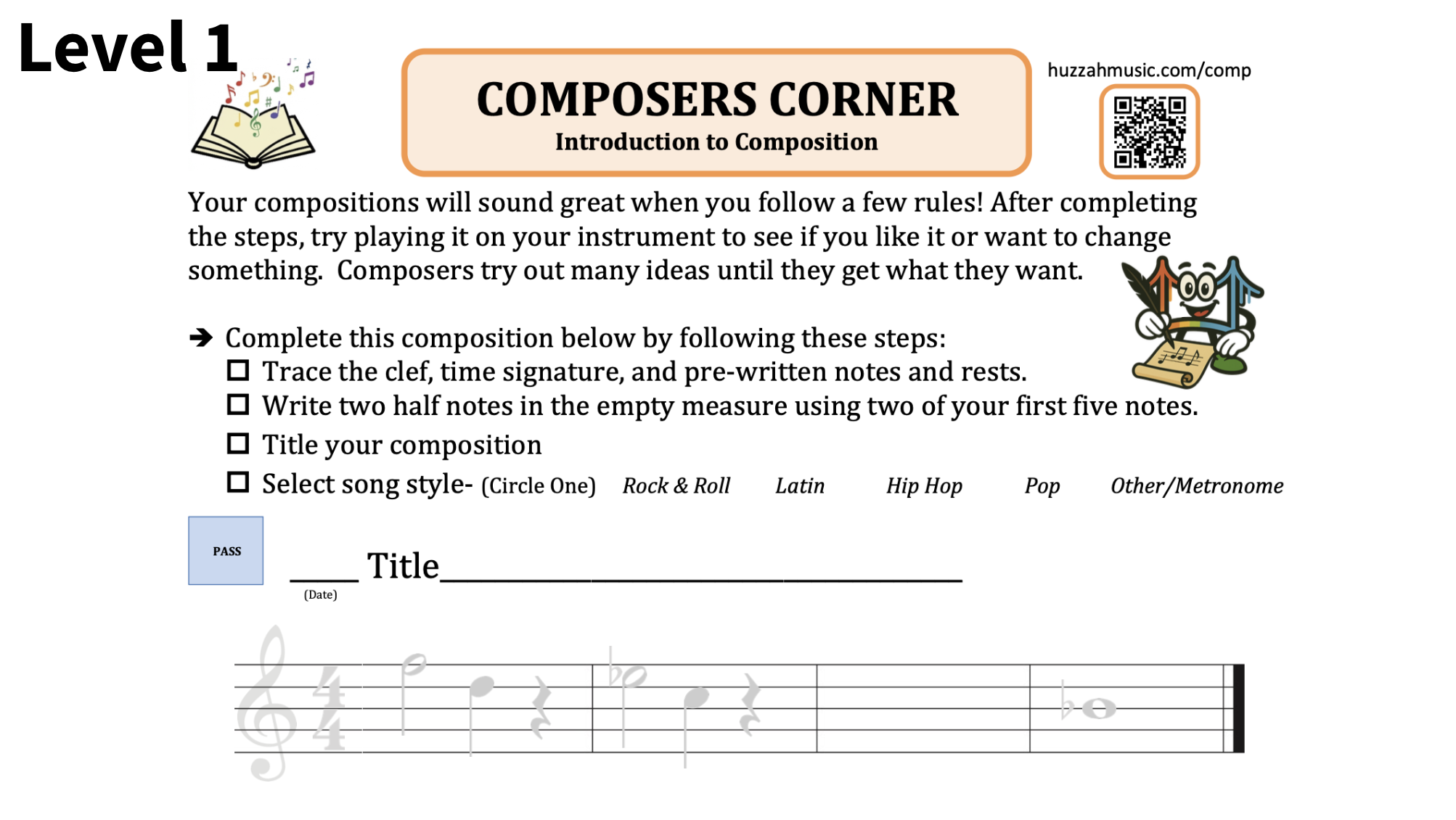 Music composition worksheet titled 'Level 1 Composers Corner: Introduction to Composition,' with instructions for creating a musical piece, including steps for tracing, writing notes, titling, and choosing a song style. Contains a QR code and a cartoon music note character with glasses.