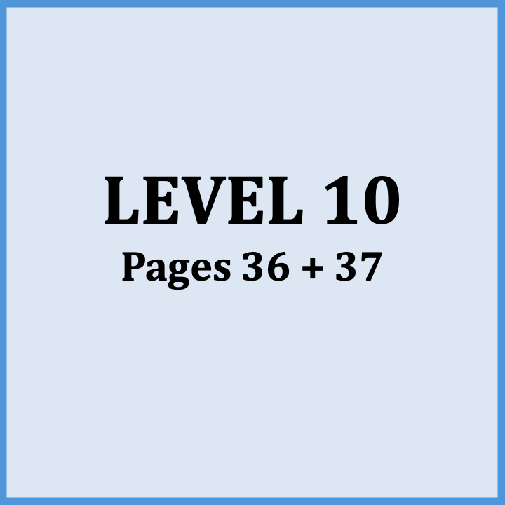 Cover page indicating 'Level 10, Pages 36 + 37' on a light blue background with a darker blue border.
