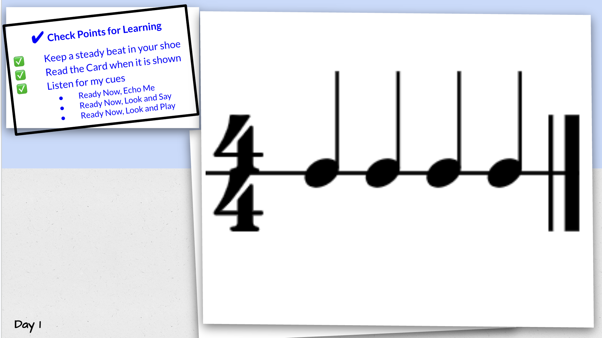A musical staff with notes and a smaller visible checklist titled 'Check Points for Learning' listing tips such as keeping a steady beat, reading the card, listening for cues, and following 'Ready Now' instructions.