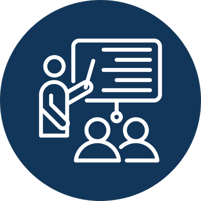 Icon of a person pointing at a chalkboard with three horizontal lines, two people sitting in front, indicating a presentation or teaching session.