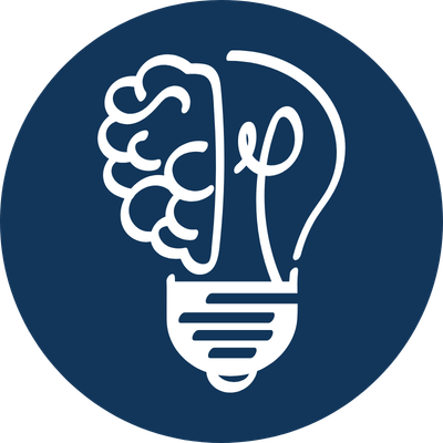 A logo combining a brain and a light bulb, symbolizing ideas or innovation.