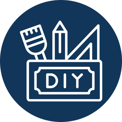 A blue circular icon with white line drawings of a paintbrush, a pencil, and a ruler inside a box labeled "DIY".