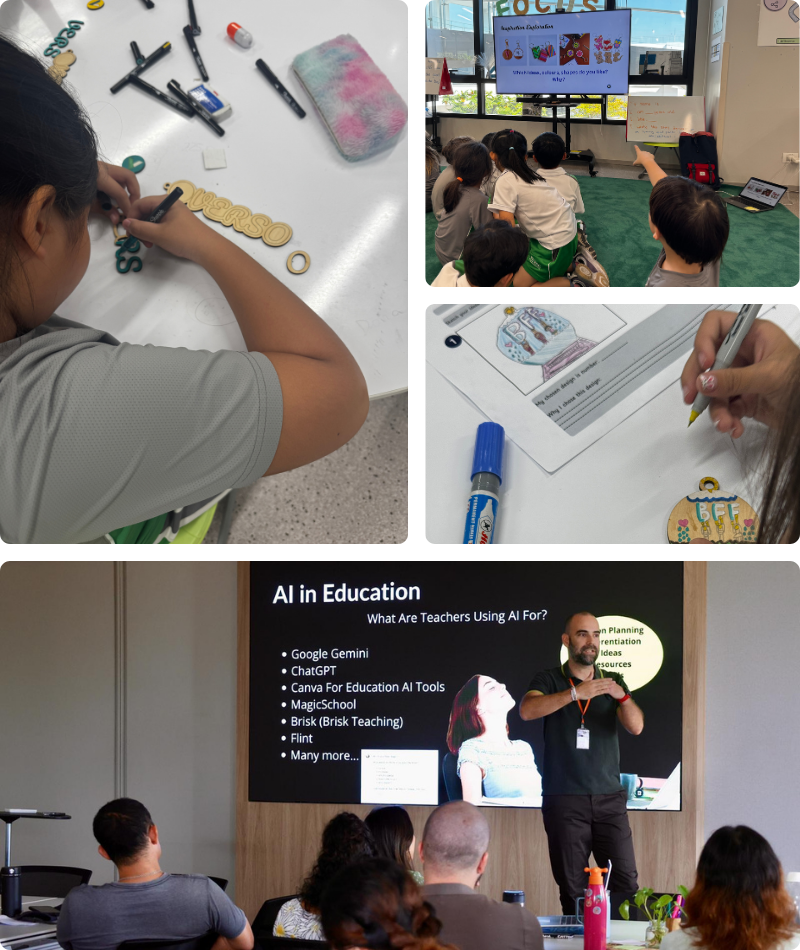Children in a classroom watching a presentation on AI in education with a speaker and a large screen displaying AI tools.