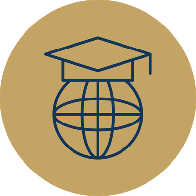 Outline of a globe with latitude and longitude lines, topped with a graduation cap, on a gold circular background.