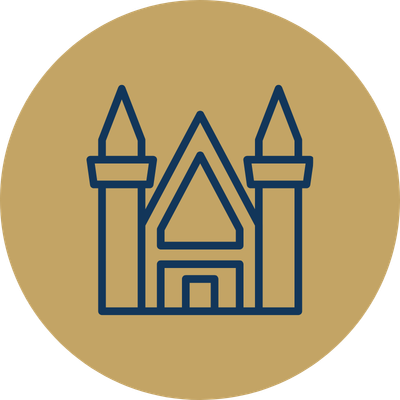 Simple line drawing of a castle with two towers on a beige circular background.