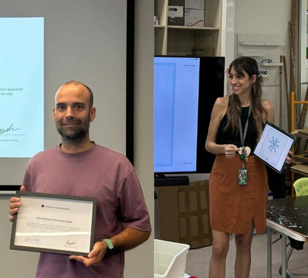 Man holding a certificate and woman holding a tablet with a snowflake image in a classroom or office setting.