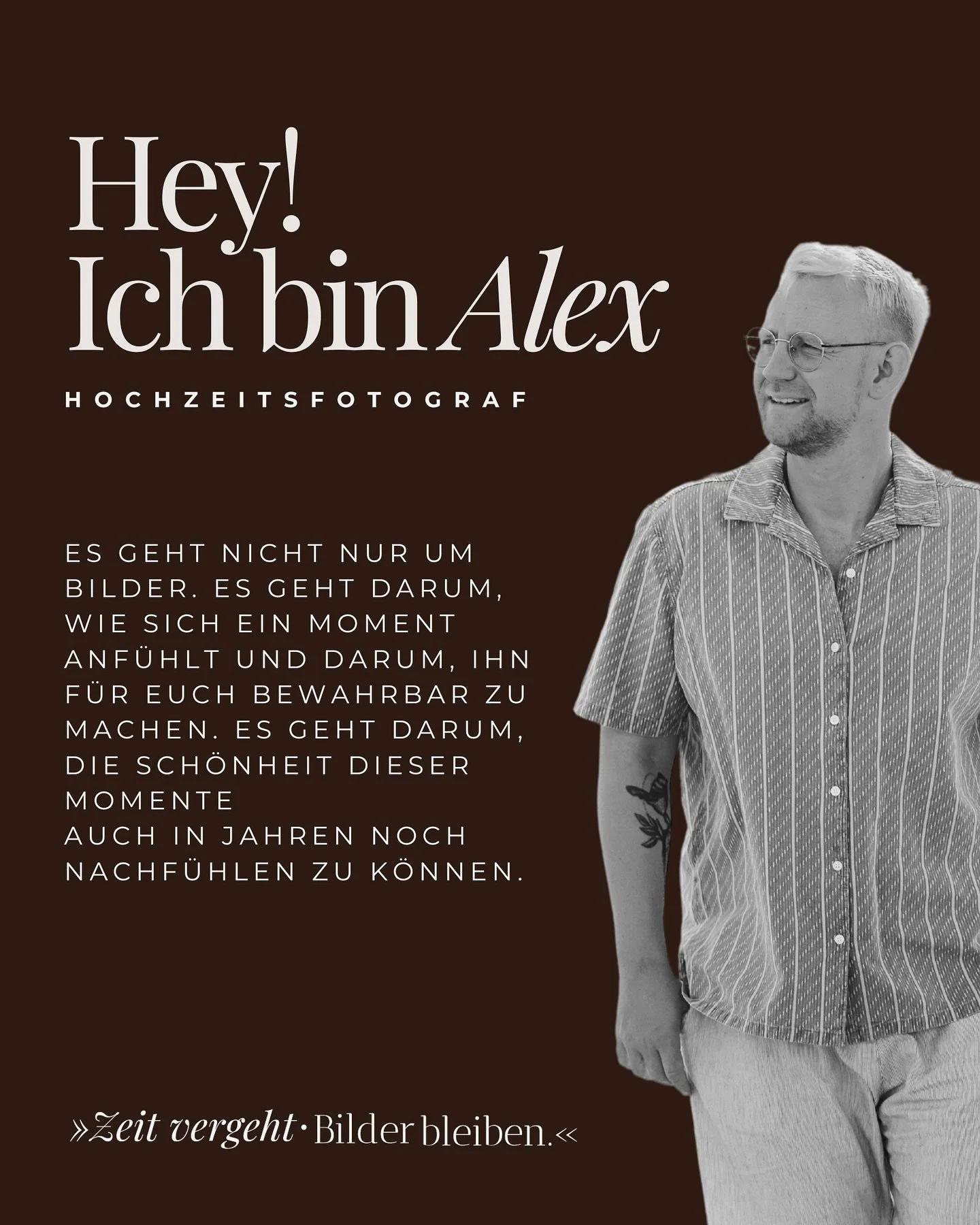 Ich bin Alex. Hochzeitsfotograf mit Hang zu Espresso mit Zimt ☕️, Meersalzduft 🌊 und einer leichten Parfum-Sucht.
Warum ich auf dem Weg zu einer Hochzeit immer einmal anhalte, erfahrt ihr hier. Lernt mich kennen! ☺️