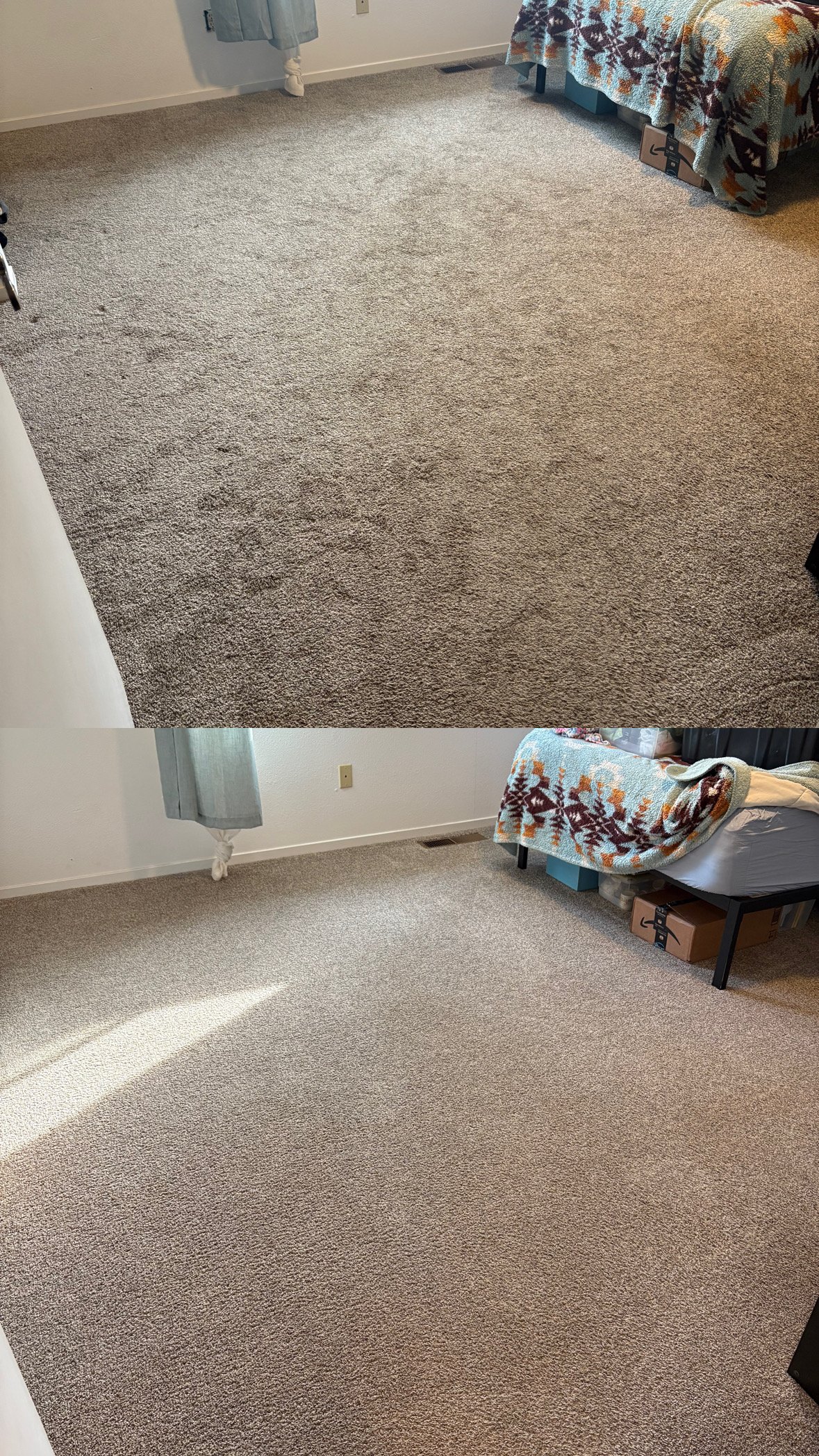 Comparison of a room's carpet before and after cleaning, showing visibly cleaner and brighter carpet in the second image.