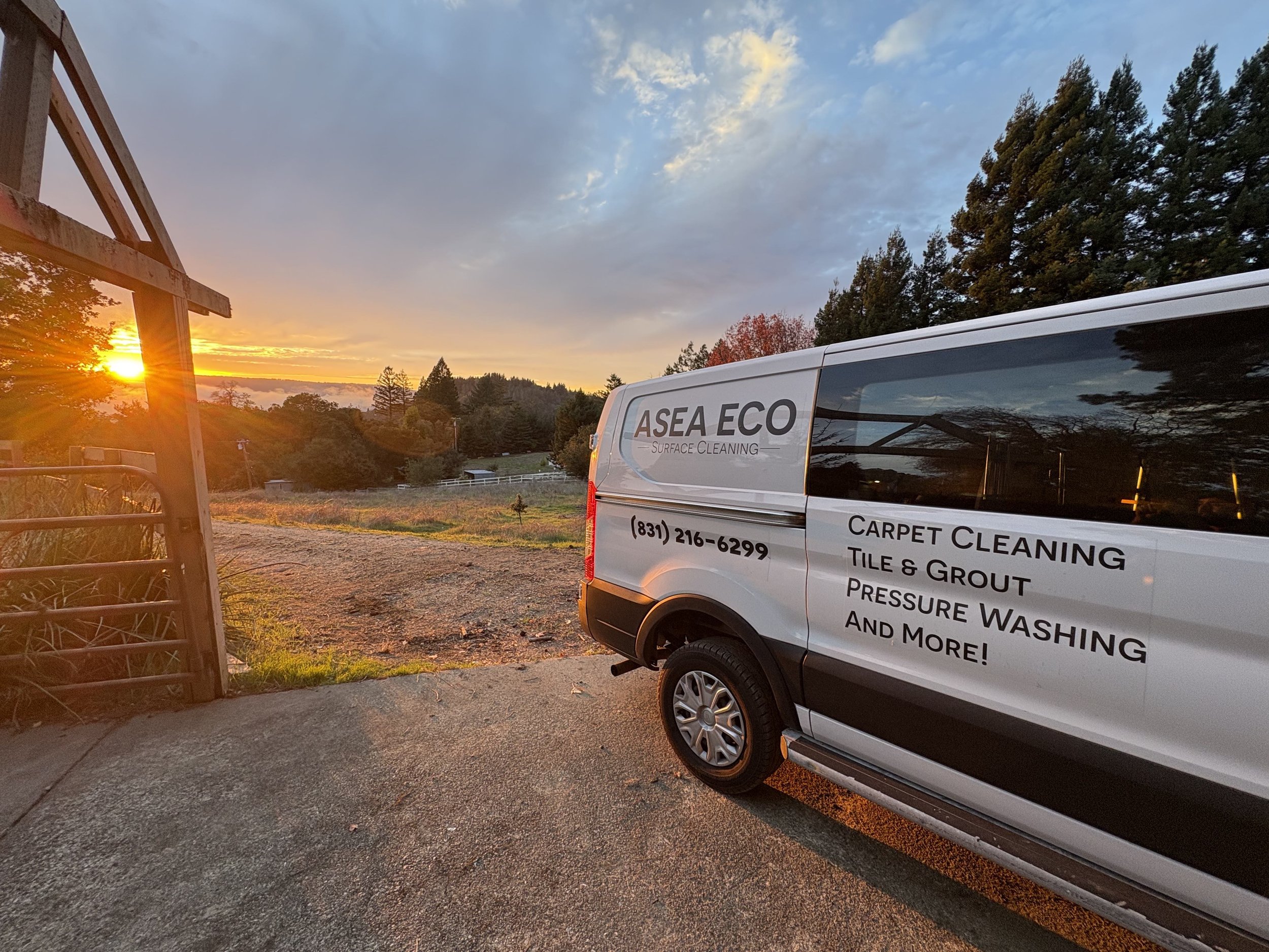 Asea Eco Surface Cleaning company van parked in Santa Cruz CA with logo and contact info, eco-friendly surface cleaning services.